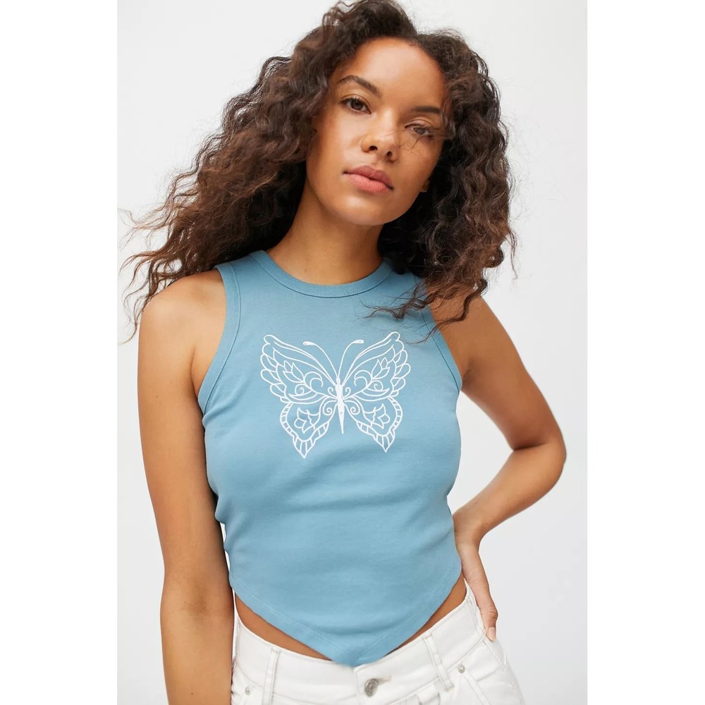Urban Outfitters Diamante Butterfly Tie-Back Crop Tank Top Blue Open Back Size L
